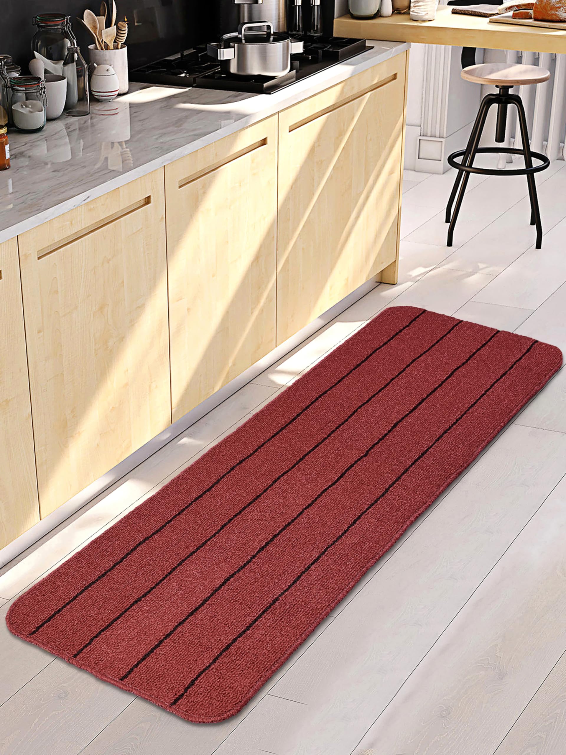 SARAL HOME EASY LIVING Polypropylene Striped Anti Skid Runner (45X120 cm, Maroon)
